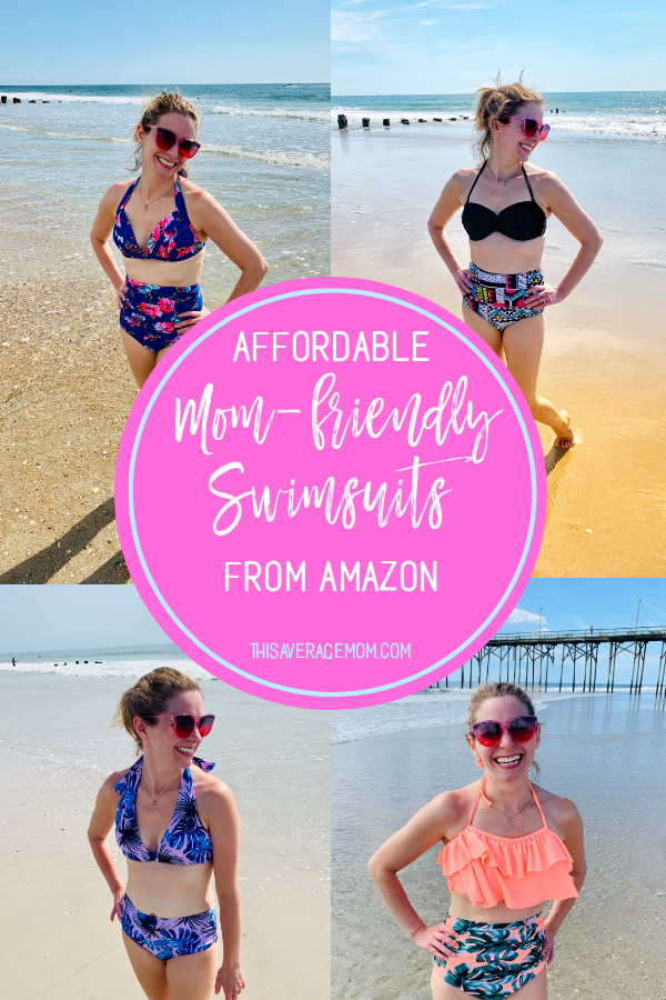 Need an affordable, mom-friendly swimsuit? Iâ€™ve got a few good Amazon finds for you! High-waisted bikinis make the best bathing suits--easy off and on, cover trouble areas, and you can easily play in the water or sand with your kids. #swim #summer #bikini